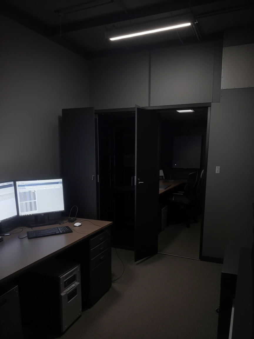 a hacker office that has a large server center with cables and lights, a very robust dedicated server with a lot of technology, dark bedroom, low lighting, ultra realistic detail 8k (3 LARGE MONITORS) details on the server cables and technology image taken from a cell phone camera with not much resolution (SERVER SIMILAR TO GOOGLE SERVERS...TWITER FACEBOOK ETC...