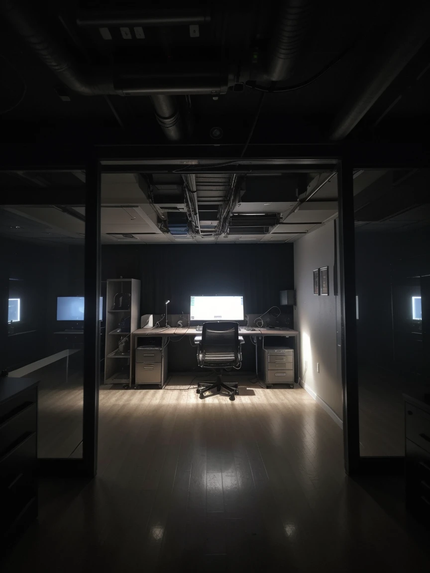 a hacker office that has a large server center with cables and lights, a very robust dedicated server with a lot of technology, dark bedroom, low lighting, ultra realistic detail 8k (3 LARGE MONITORS) details on the server cables and technology image taken from a cell phone camera with not much resolution (SERVER SIMILAR TO GOOGLE SERVERS...TWITER FACEBOOK ETC...