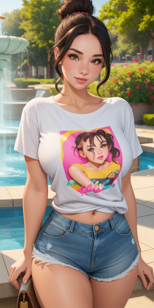 28 year old woman with freckles on her face, masterpiece, best quality, Short black wavy hair, cute bun, barrettes, Cute denim shorts, 1 long sleeve blouse, cute t-shirt, t-shirt, athletic curves, Average breasts, Breasts pressed into the t-shirt, looking at viewer, , cowboy shot, (best quality, ultra detailed, photorealistic: 1.39), bright and vibrant colors, studio lighting, romantic expression, seductive, cute girl, On the elegant walking, park with fountain in the distance