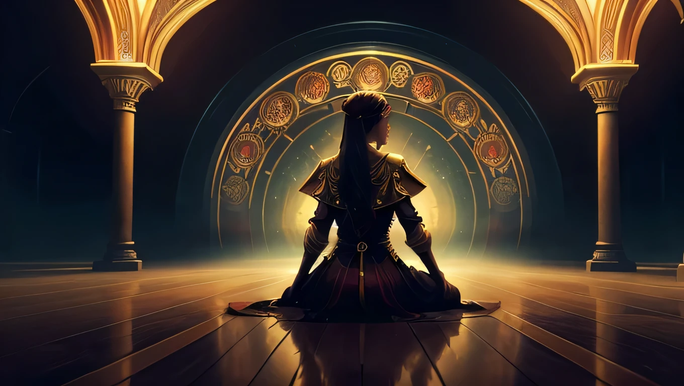 anime, a woman in a long red chinese dress, sitting on floor inside Big Hall with cross legs and her hand touching floor, her back towards viewers, looking ahead, Big Glowing golden circle in the background with sword in the middle of circle, dark fantasy art, alice x. zhang, zen méditation cyberpunk, paul lehr and beeple, beeple and alphonse mucha, an ominous fantasy illustration, charlie bowater rich deep colors, elegant cinematic fantasy art, stylized fantasy artwork