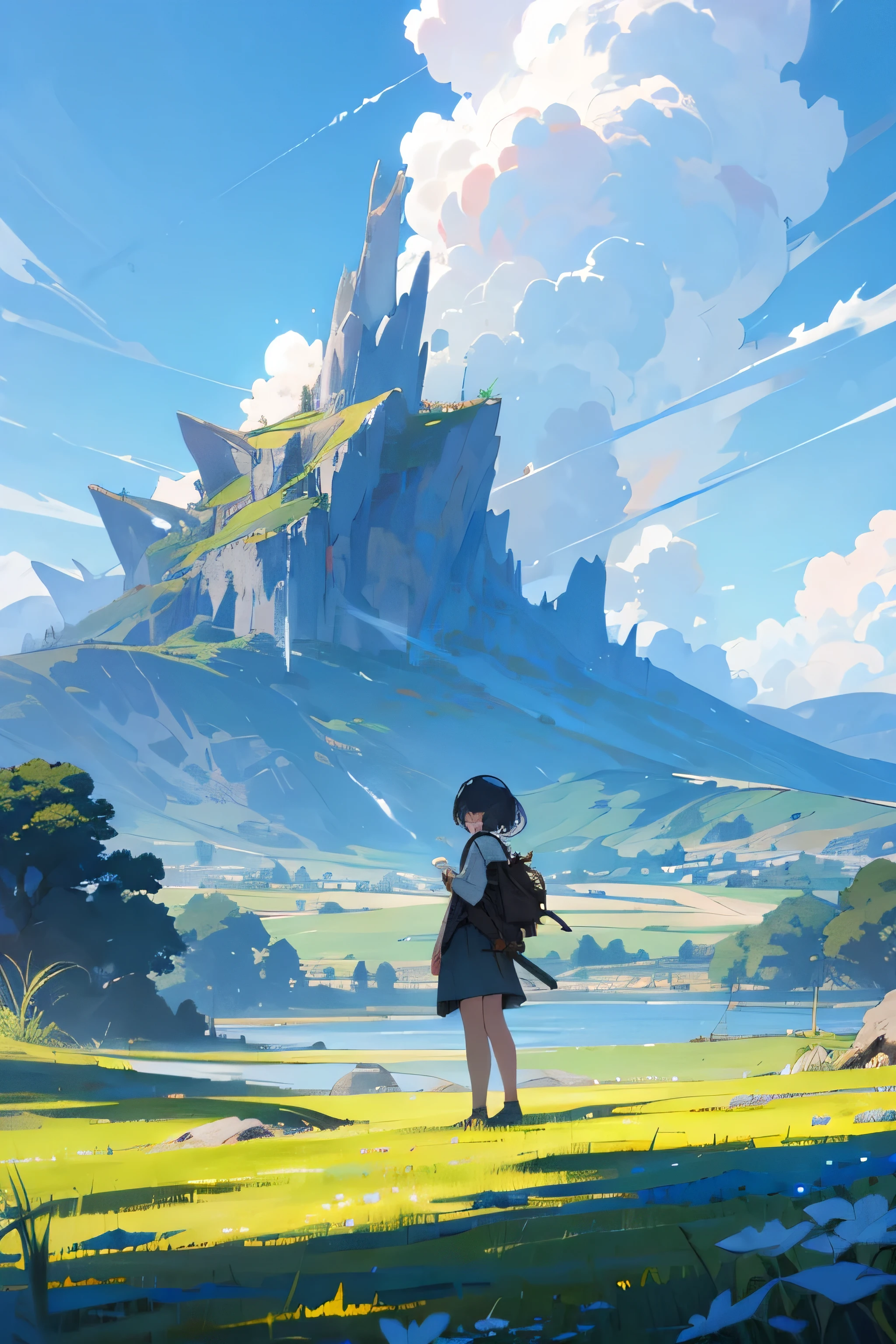 A girl standing in a fantastic natural setting、blue sky