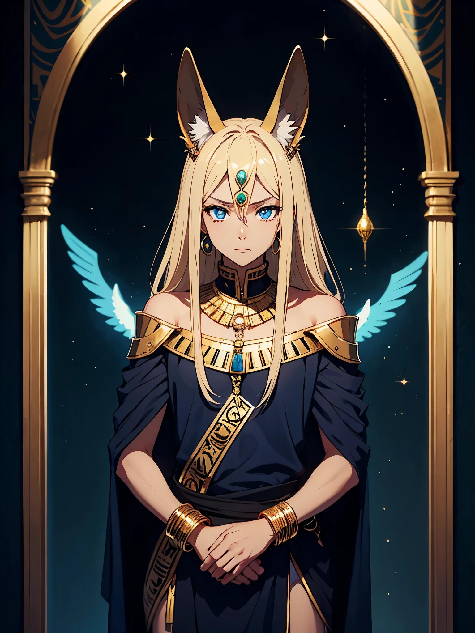 Blaue Augen. Mehr anime. Hübsch. Anubis. Anubisohren. Jackal ears with fur. Teenage boy. Egyptian deity Anubis. Egyptian clothing. long blond hair. Lots of gold jewelry. dark skin. Egyptian. dazzling blue eyes. mystical. divine.