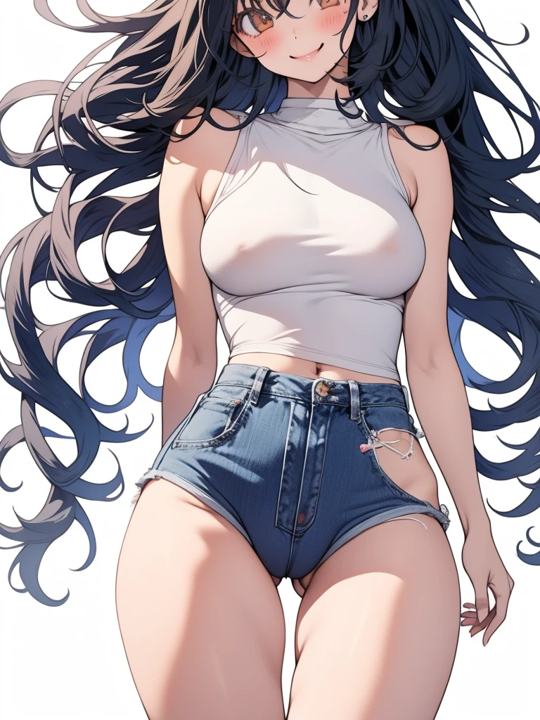 Anime, anime girl, 2d, 18y, 18 years, (((Fullbody))), Very Kawaii, smile, lip lips, seductive smile, Solo, Slim, Large Breasts, Plain White T-shirt, Tight Shorts, upshorts, Dynamic Angle, No Background, White Background, looking at viewer, darker shadows, (((absurdres))), (((thigh gap))), (((cameltoe))), (((sleeveless))),