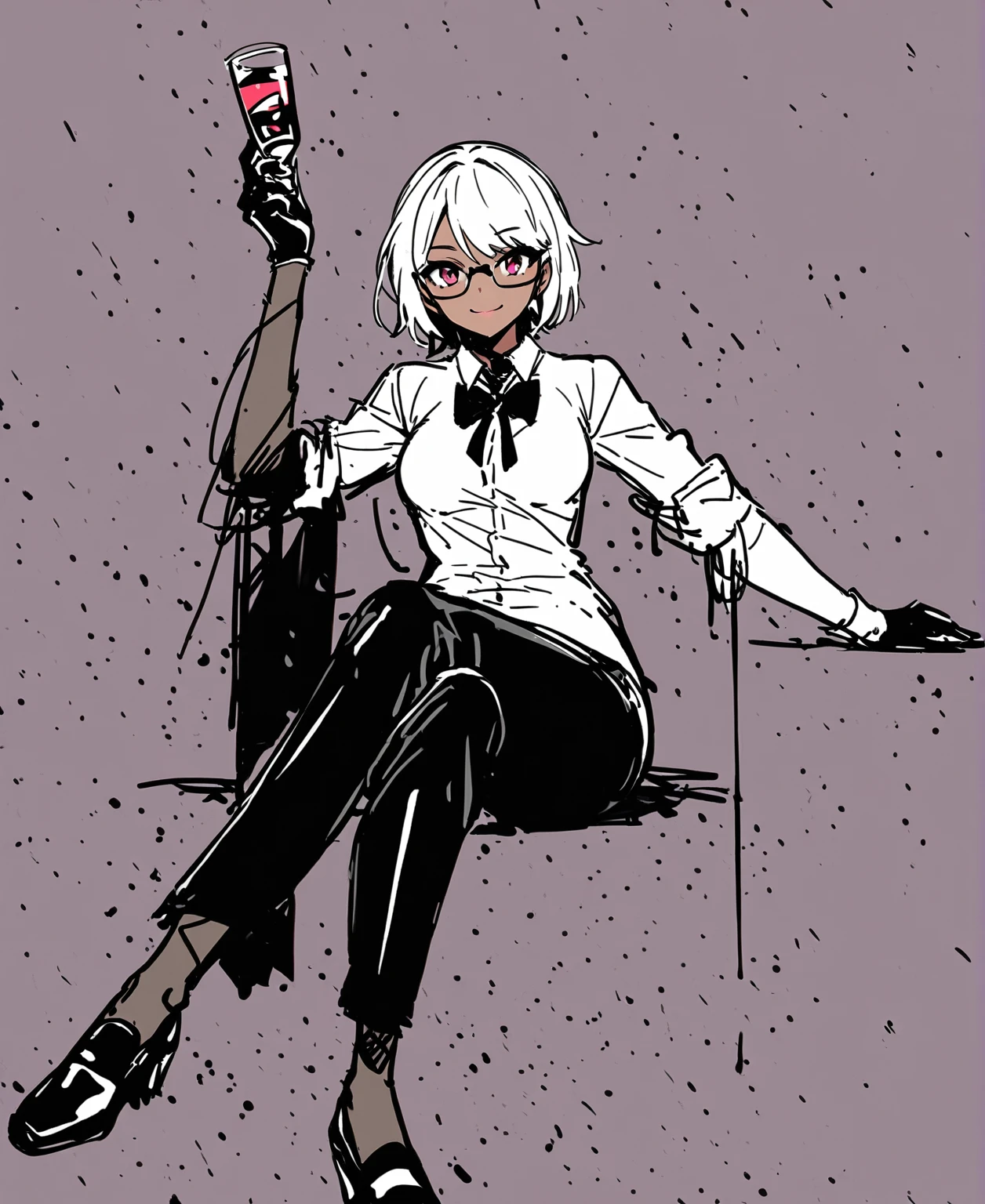 sketch of woman character artist in formal clothes and glasses, wearing a white shirt and black tie, 1girl, dark skin, solo, gloves, dark-skinned female, white hair, pants, short hair, shirt, black gloves, bow, black pants, glasses, breasts, bowtie, smile, white shirt, looking at viewer, long sleeves, full body, ((Leg Crossing ))