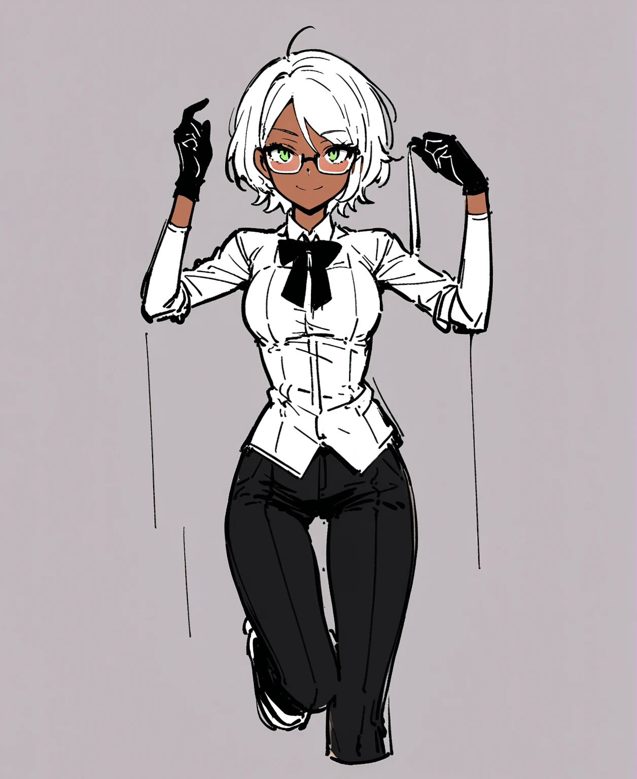 sketch of woman character artist in formal clothes and glasses, wearing a white shirt and black tie, 1girl, dark skin, solo, gloves, dark-skinned female, white hair, pants, short hair, shirt, black gloves, bow, black pants, glasses, breasts, bowtie, smile, white shirt, looking at viewer, long sleeves, full body, ((Leg Crossing ))