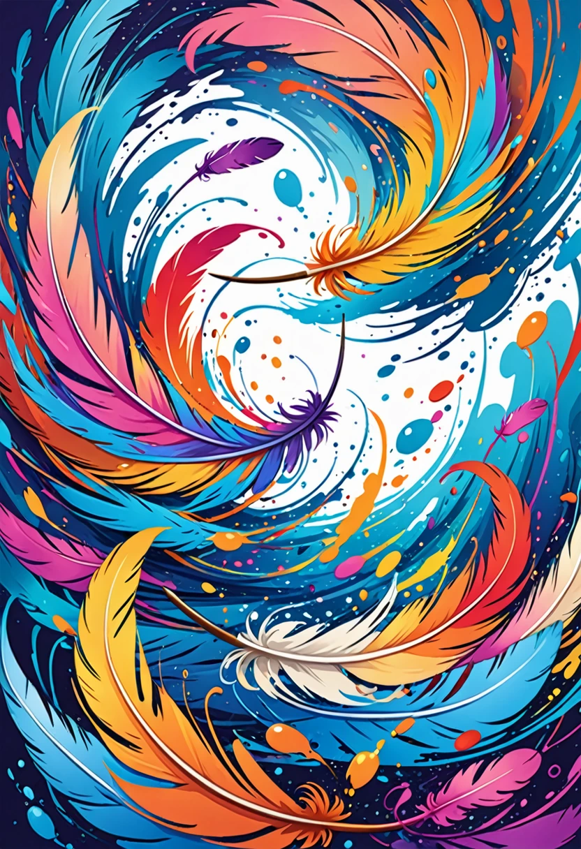 vectorial art, Colorful illustration with many cartoon feathers, At the center, swirly vibrant colors, paint splashes and smears, high détail, Underwater swimming background