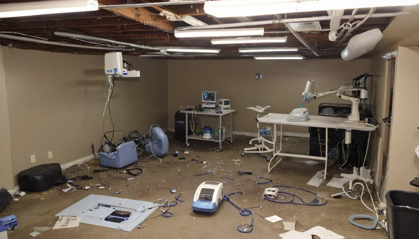 a destroyed and poorly lit basement with some surgery equipment scattered across the floor.
