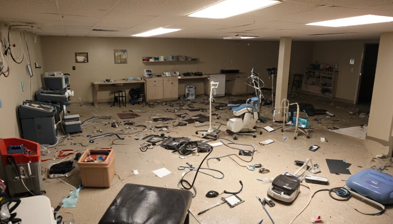 a destroyed and poorly lit basement with some surgery equipment scattered across the floor.