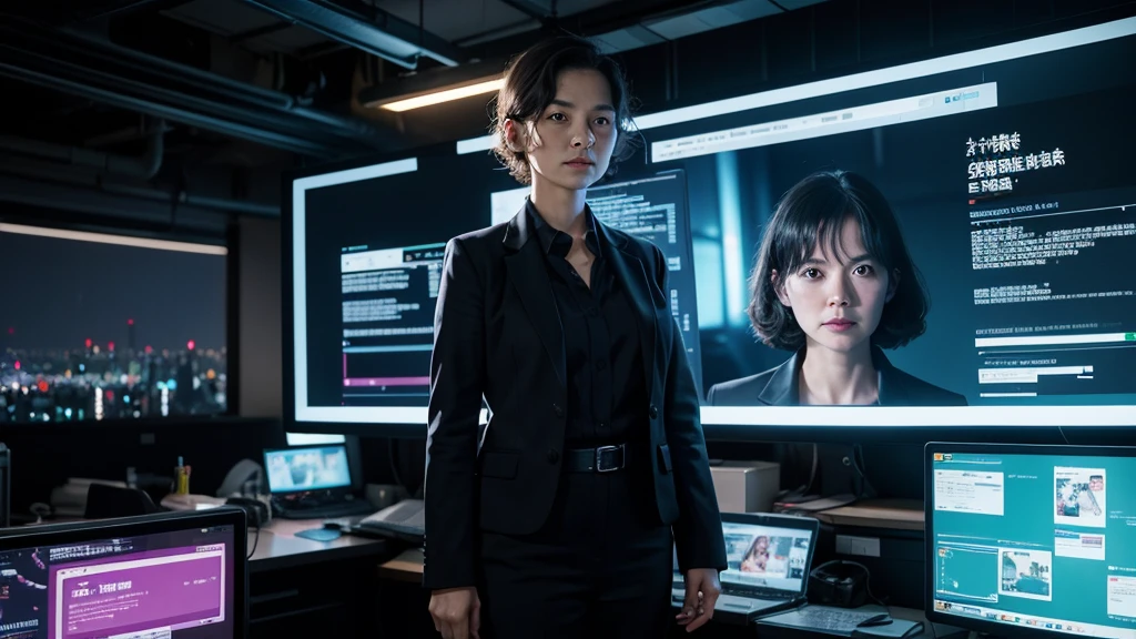 Dr. Evelyn Turing, 40-year-old woman, standing in a high-tech office overlooking Neo-Tokyo, holographic screens displaying crime statistics