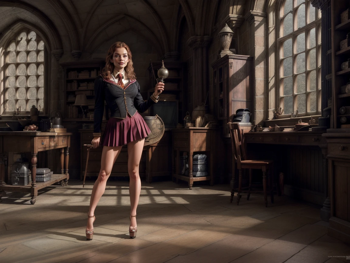 photo of beautiful Emma Watson as hermione granger (Ermione), gorgeous woman, in hogwart uniform, sluty uniform, huge breasts, fake breasts, breast implants, perky bust, large cleavage, in hogwart slytherin dormitory, full length shot, modelshoot style, (extremely detailed CG unity 8k wallpaper), professional majestic (photography by Steve McCurry), 8k uhd, dslr, soft lighting, high quality, (film_grain:1.2), Fujifilm XT3 High Detail, dramatic, (looking at viewer:1.2), (detailed pupils:1.3), (natural light), (((full body shot:1.3))), perfect body, beautiful face, long hair, very detailed eyes, intricate details in eyes, puckered lips, perfect fit body, wide hips, small waist, thick thighs, firm abs, beautiful body, platform high heels, extremely detailed, intricate details, highly detailed, detailed skin, realistic skin texture, texture, detailed eyes, maximum detail, roughness, real life, ultra realistic, photorealism, photography, absurdres, RAW photo, highest quality, high detail RAW color photo, professional photo, highres, super detailed,