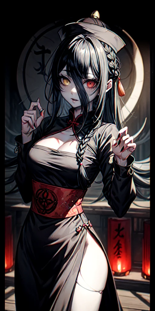 lora:flat:-1.2, masterpiece, best quality, 4k, 8k, 1 woman, solo, pale skin, tall stature, long hair, blunt bangs, side braid, black hair, ugly face, bad face, bad eyes, droopy eyes, unclear eyes, ruby red eyes, lemon yellow eyes, pale skin, black eyeliner, black eye shadow, heterochromia, slender frame, frightened, ofuda, jiangshi costume:1.2, sheath long skirt, China dress, fang, horror, coffin, forest, dark night, stormy weather, fog, from front, cowboy shot, look at viewer, paw pose,