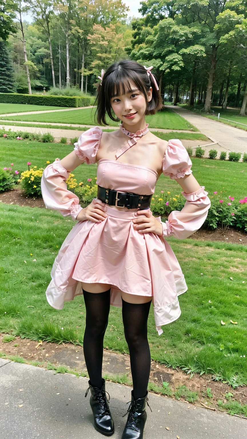 (8K、RAW Photos、Highest quality、masterpiece:1.2)、(Highest quality、Realistic)、1 Girl、((Tube top、Idol Costume、ribbon、mini skirt、tights、Medium Hair、smile、Pink and black、Thin legs、whole body、boots、garden、View from the front、Looking into the camera、Stand with hands on hips))、cute