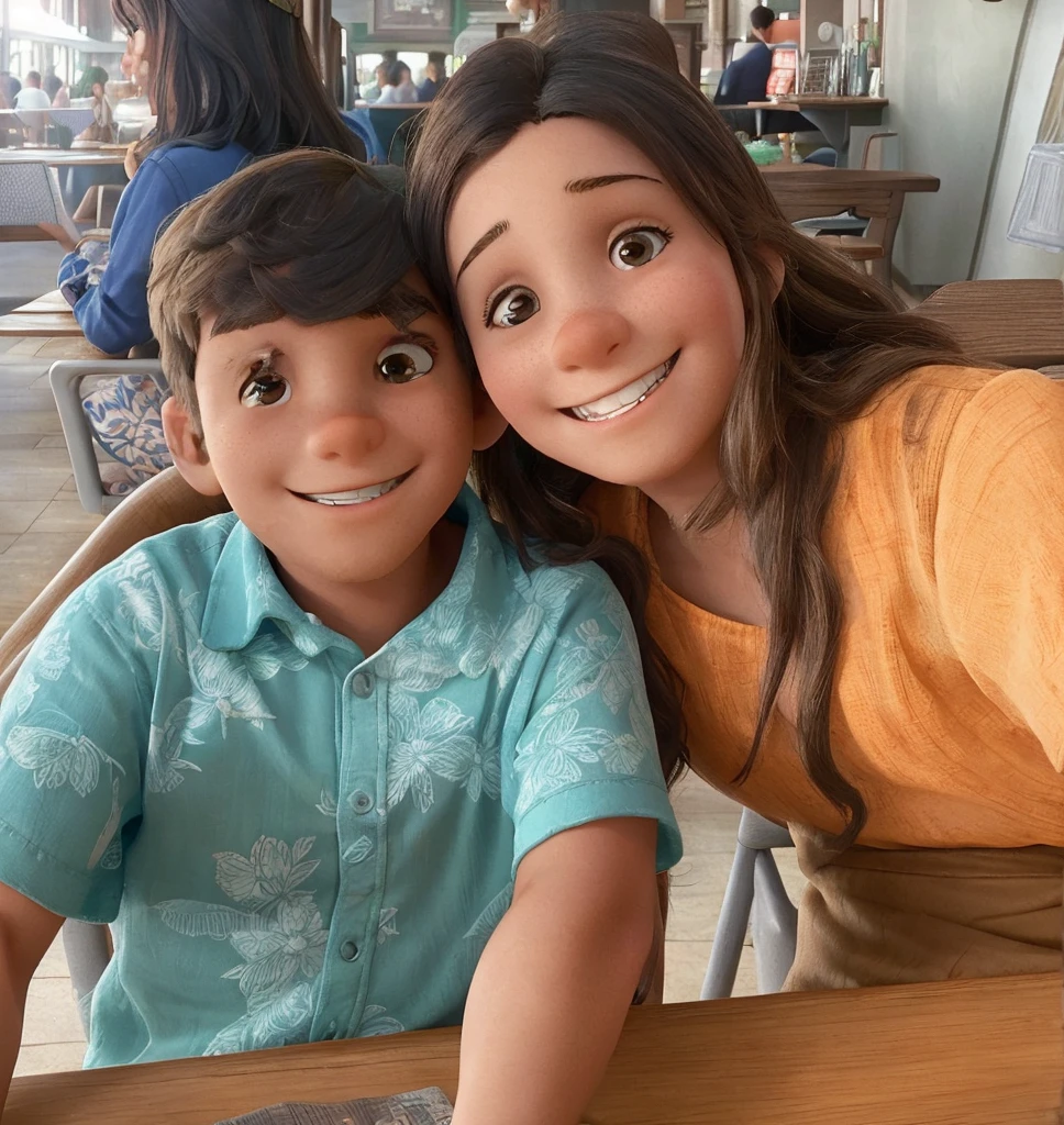 A young boy and a woman are seated at a table, both smiling broadly. The boy is wearing a blue shirt with a floral pattern and dark brown skin color and the woman has an orange top, straight long hair and dark brown skin color. They are mother and son and seem to be enjoying their time together. The mother appears to be 40 years old and the boy 5. In the background, there's a bustling restaurant setting with other patrons and tables.