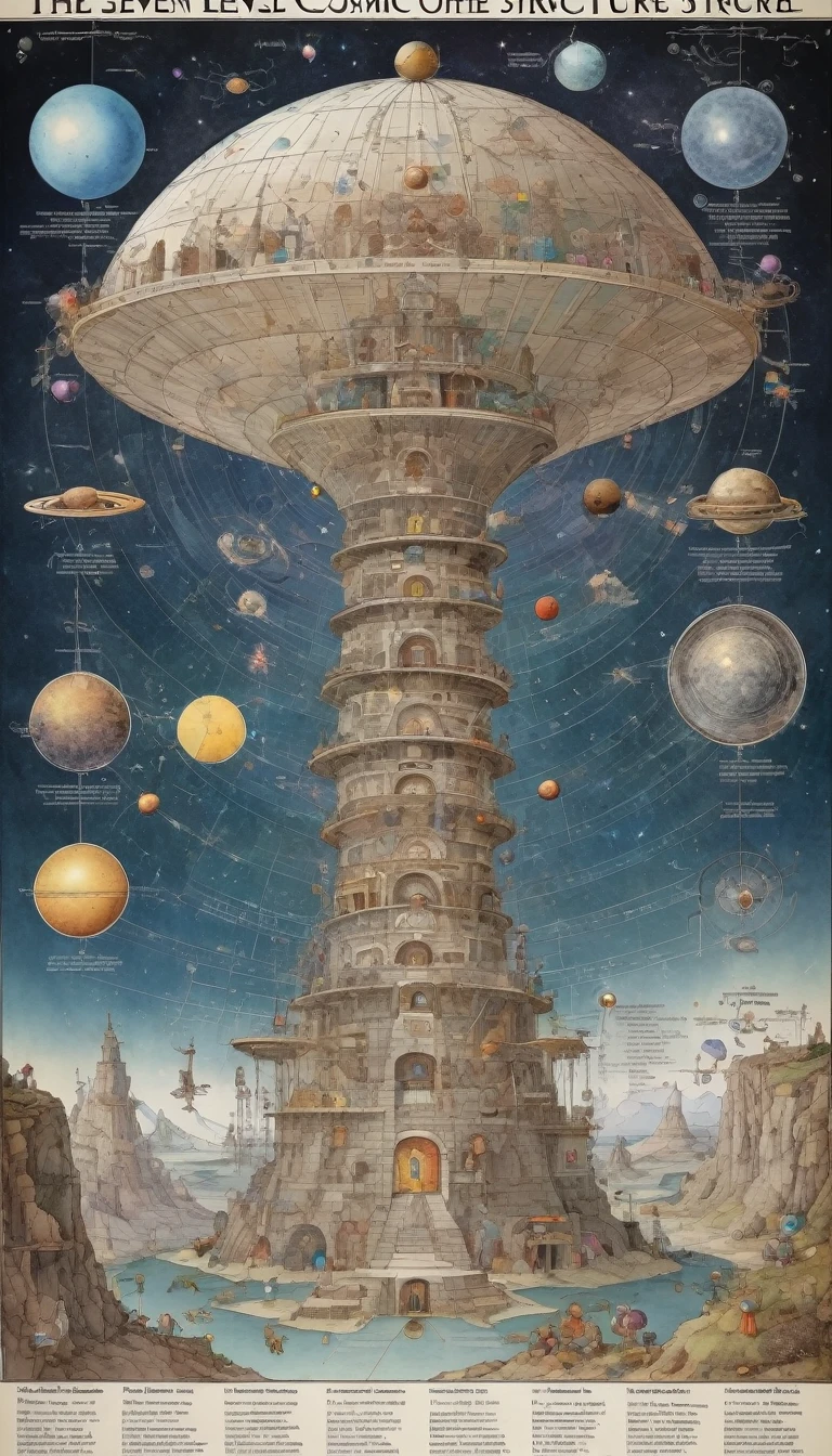 Diagram of the seven levels of cosmic structure，Detailed instructions on the wall chart，The seven dimensions of the mysterious universe，Inspired by W. Heath Robinson, best quality, masterpiece, Ultra-high detail, 8K