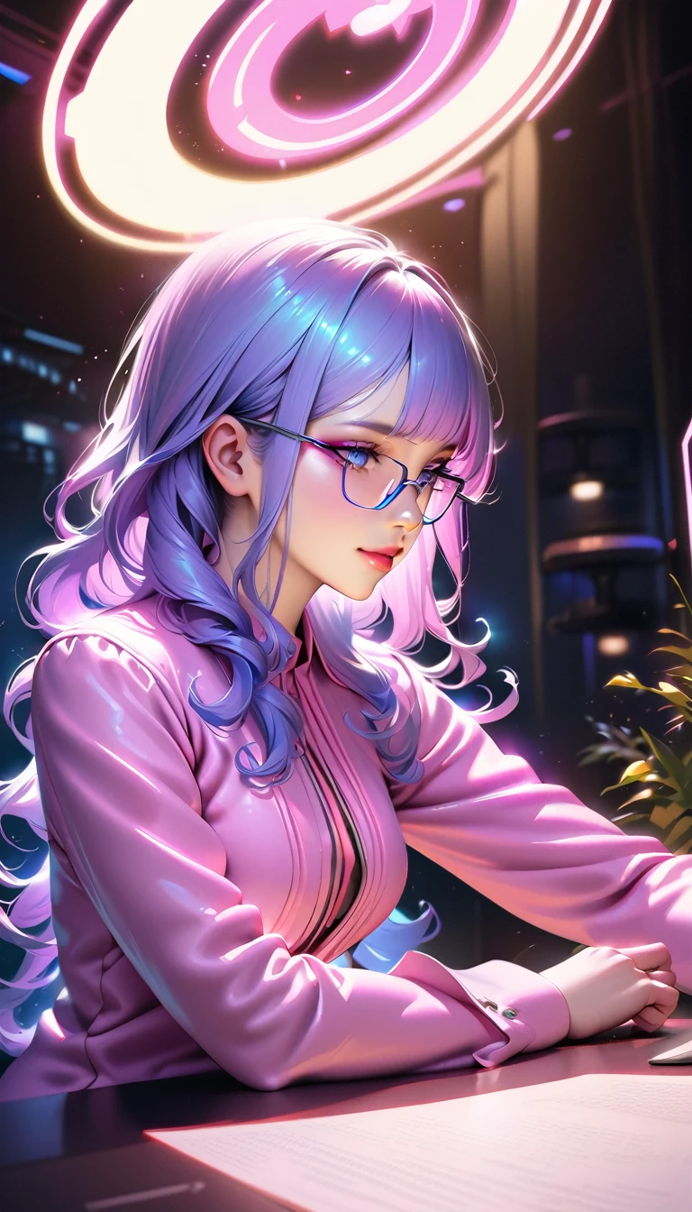 Best quality, ultra detailed, (realistic:1.37), anthropomorphic image of Stella's AI assistant, friendly, useful, Warm personality, wear stylish glasses, Modern and elegant design, Elegant and professional clothing, glowing blue eyes, expressive face, pink lips, Soft and smooth skin, shoulder-length curly hair, beautiful makeup, involved in conversation, Innovative technology, bright colors, studio lighting, Some futuristic elements, stylized background, Comfortable working environment, Natural environment, Sparks of Creativity, positive energy, harmony and balance, Perfect conveyance of emotions, Humanoid Intelligence, powerful & effective, Technical Features of Creativity, Eyes of detail, masterpiece:1.2