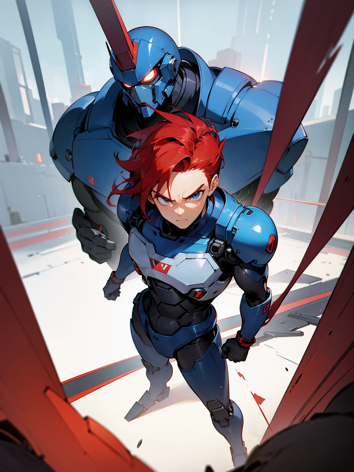 1male, super suit, red hair, giant robot in background, standing on path, serious