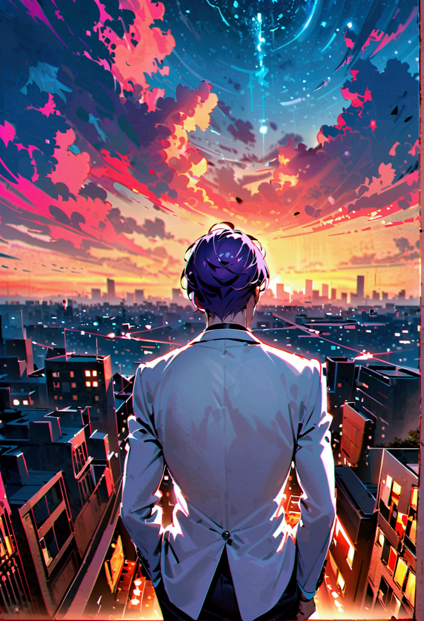 A man with purple hair in a white suit turns his back on the city at night.
