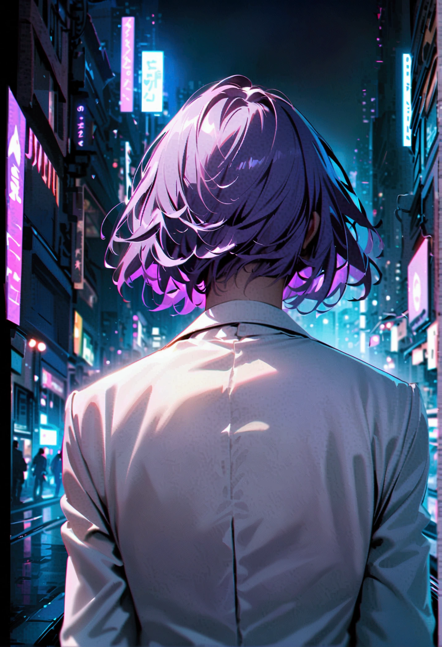 A man with purple hair in a white suit turns his back on the city at night.