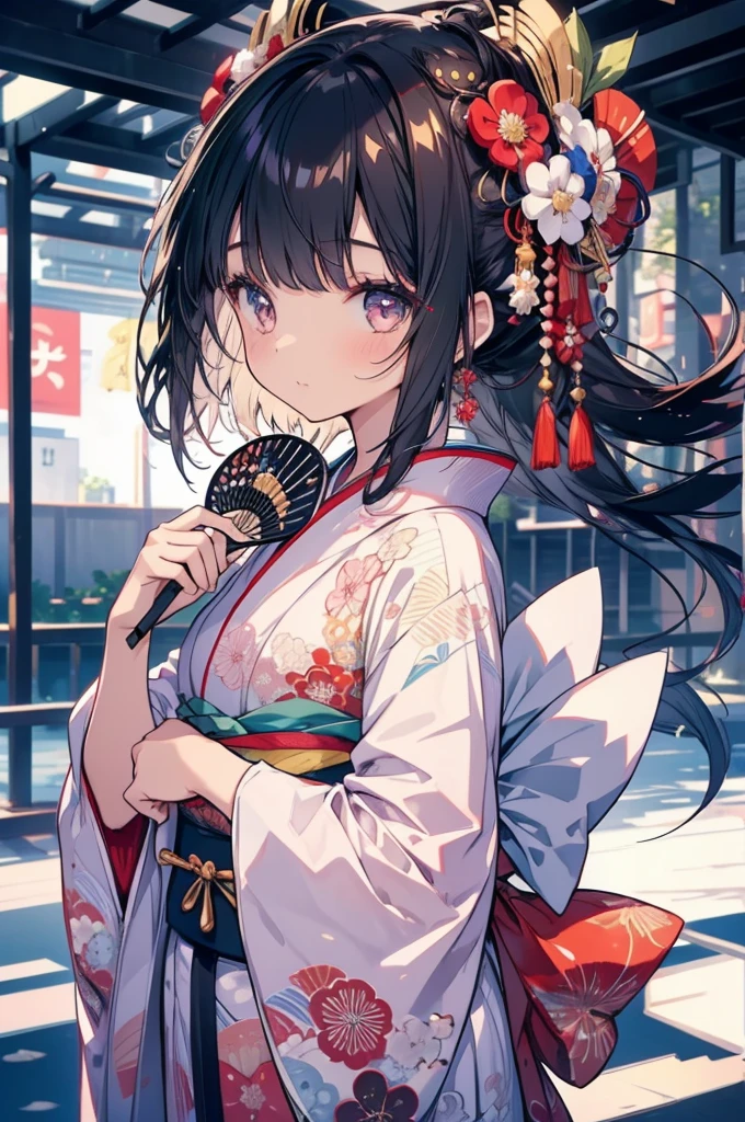 1 Girl, Japan, kimono, Holding a folding fan, good, Beautiful poop, delicate, cute, Black-haired, Narrow eyes, ((Head to waist)), masterpiece, Highest quality, super high quality
