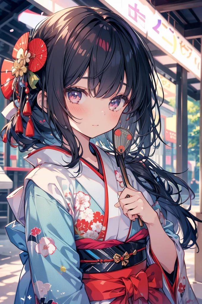 1 Girl, Japan, kimono, Holding a folding fan, good, Beautiful poop, delicate, cute, Black-haired, Narrow eyes, ((Head to waist)), masterpiece, Highest quality, super high quality