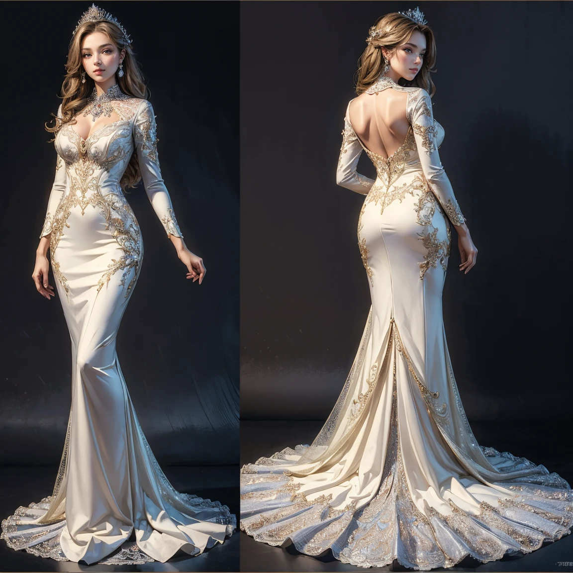 (masterpiece, highest quality:1.5), ultra detailed, high resolution, 16k, the most beautiful face in the world, highly detailed beautiful face and eyes, shiny skin, fine cloth texture, BREAK, (gorgeous and stunning princess:1.3), deeply in love, full of elegance. (full body:1.5), (three view drawing, front and back and side, character sheet:1.3)