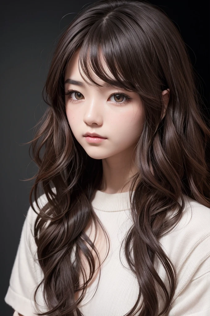 create a mini emo brown color wavy hair a photo of just the face and the black screen of the photo