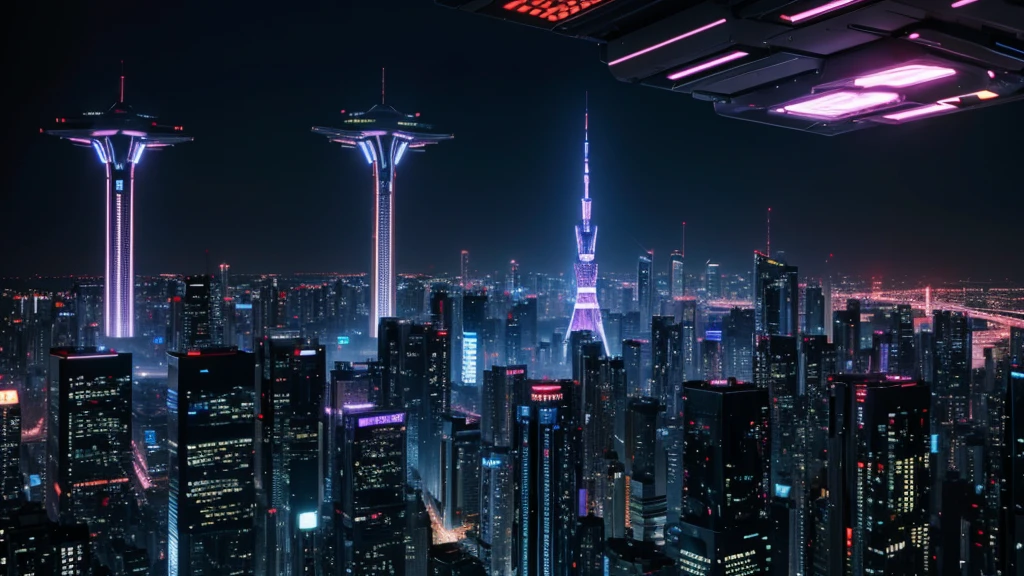 Futuristic Neo-Tokyo skyline at night, towering skyscrapers, floating holograms, and magnetic transporters, cyberpunk style