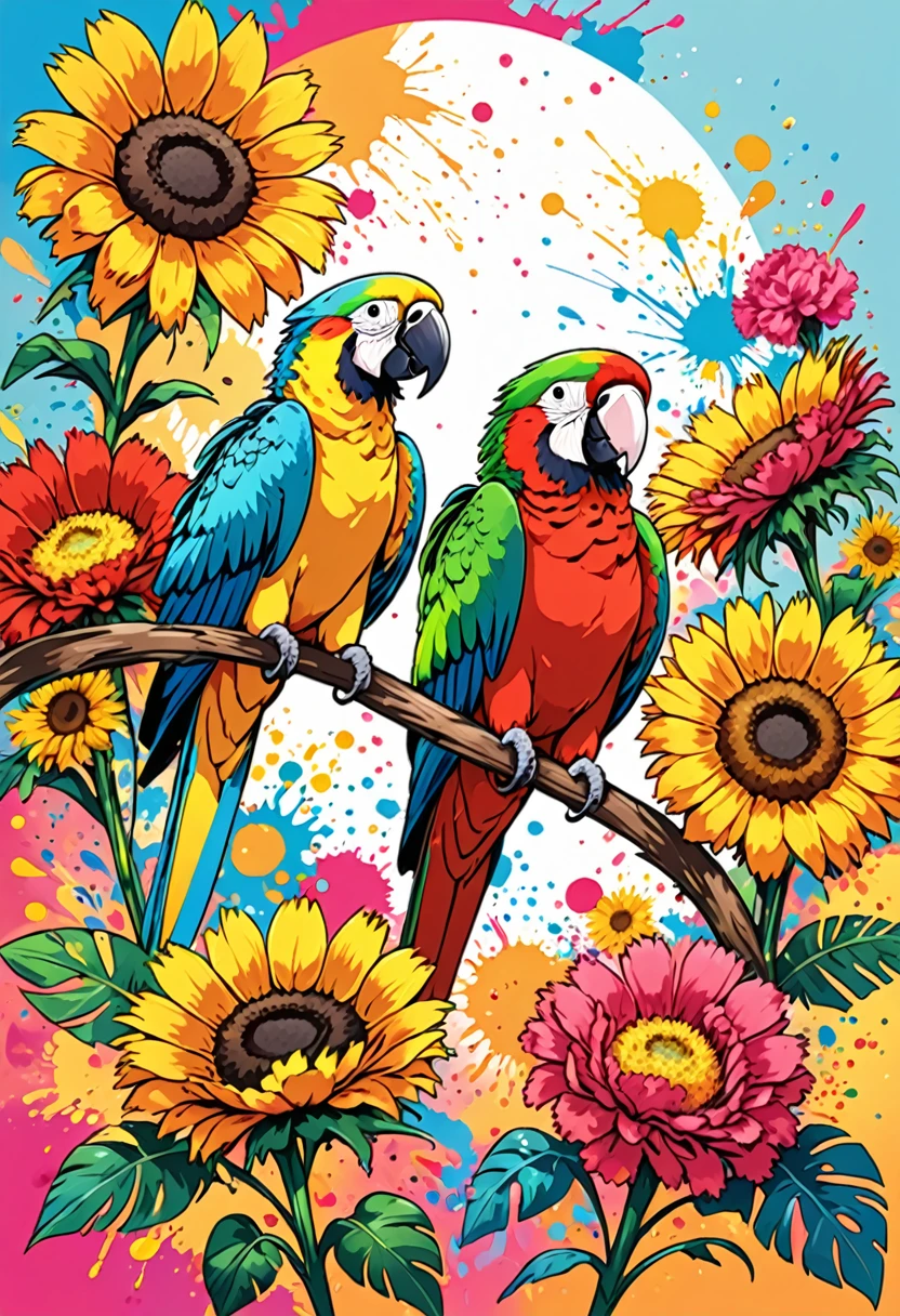 vectorial art, Colorful illustration with two parrots and many carnations and sunflowers in the center, swirly vibrant colors, paint splashes and smears, high détail,Hawaii Background