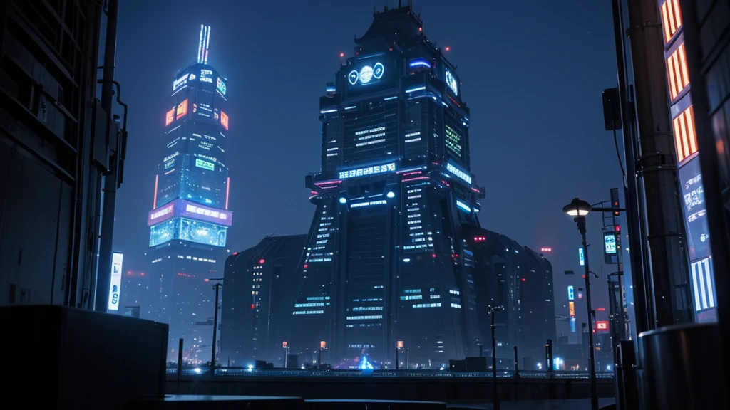 The Guardian Tower, an imposing structure in the center of Neo-Tokyo, glowing with blue light, symbol of advanced AI technology