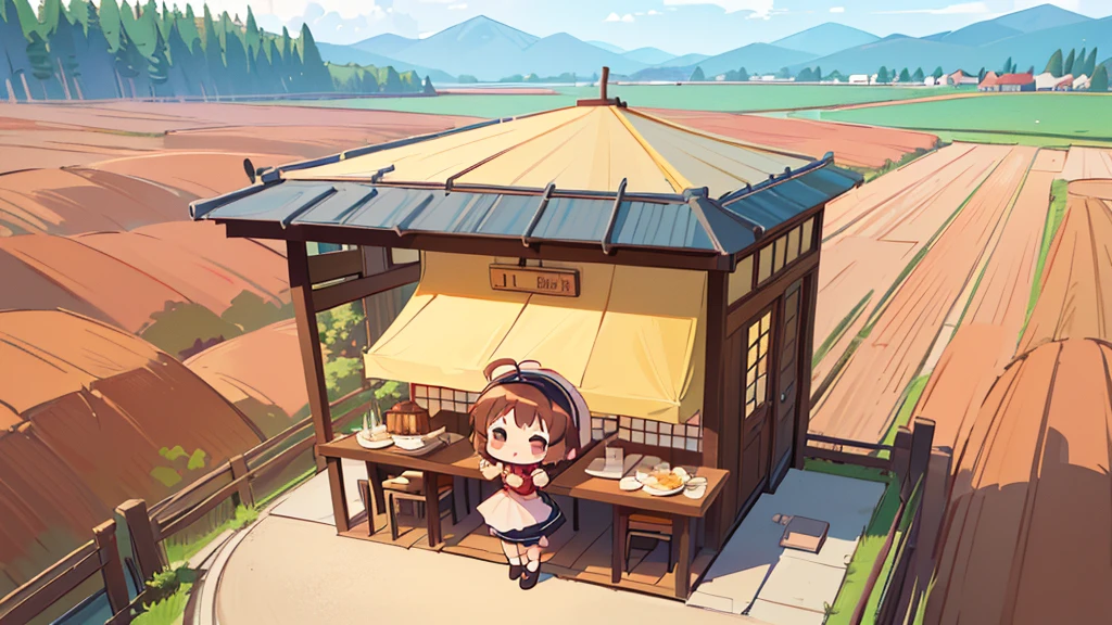(((masutepiece))), Best Quality, Extremely detailed, (Chef Costume:1.2), (Chef's Hat), (((girl)), (((Solo))), Happy, ((Full body)), Ahoge, (((Deformed))), (((standing))), (((Chibi Character))), ((crossed arms))), ((( Restaurant))), (((standing in front of the restaurant))), ((Front of restaurant)), panoramic country background, ((( country background))), (((overview))), (((Perspective)))