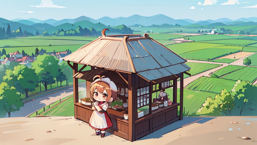 (((masutepiece))), Best Quality, Extremely detailed, (Chef Costume:1.2), (Chef's Hat), (((girl)), (((Solo))), Happy, ((Full body)), Ahoge, (((Deformed))), (((standing))), (((Chibi Character))), ((crossed arms))), ((( Restaurant))), (((standing in front of the restaurant))), ((Front of restaurant)), panoramic country background, ((( country background))), (((overview))), (((Perspective)))