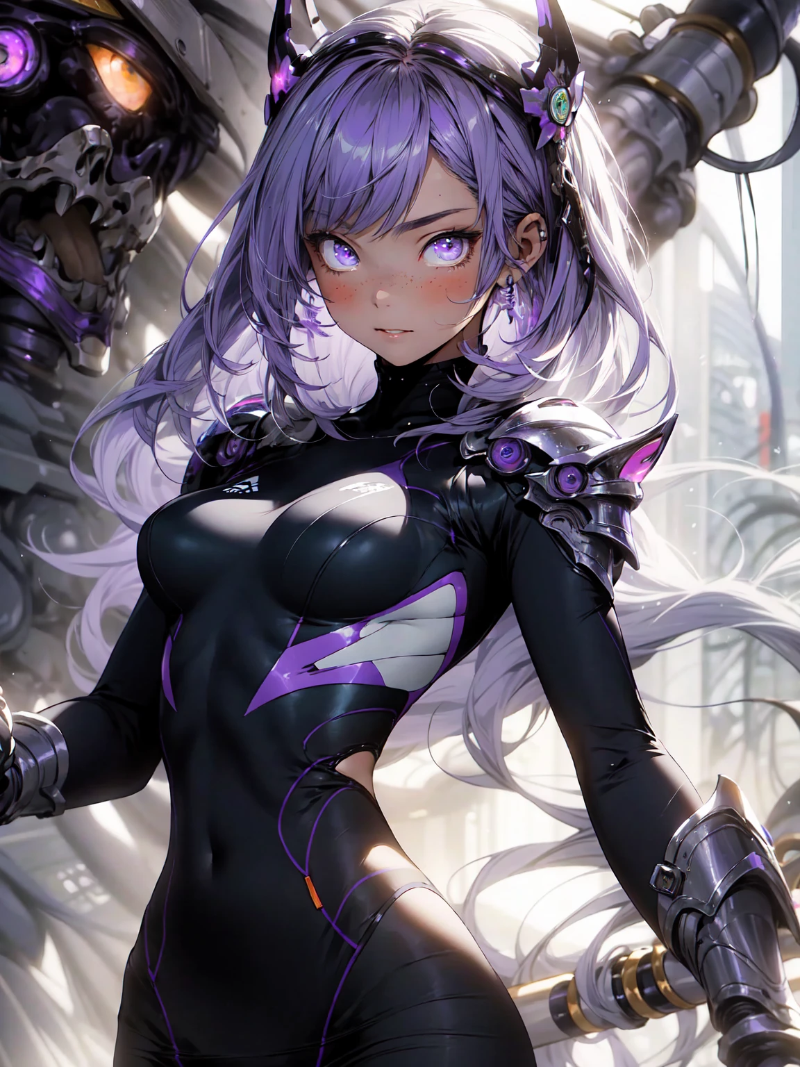 Be realistic,(masterpiece,Highest quality,Highest quality,Very detailed,Fractal Art,Most detailed,(Abstract background:1.5)(1 Girl),Kamimei,(紫色のLong Hair),(puppet, Light purple eyes, Pale skin, Purple Hair, Long Hair, Big Breasts、Toned Abature face、Stunned)、crystallization,Purple competitive swimsuit、Sexy、Purple machine armor、Sunburned skin、(Black pencil skirt)