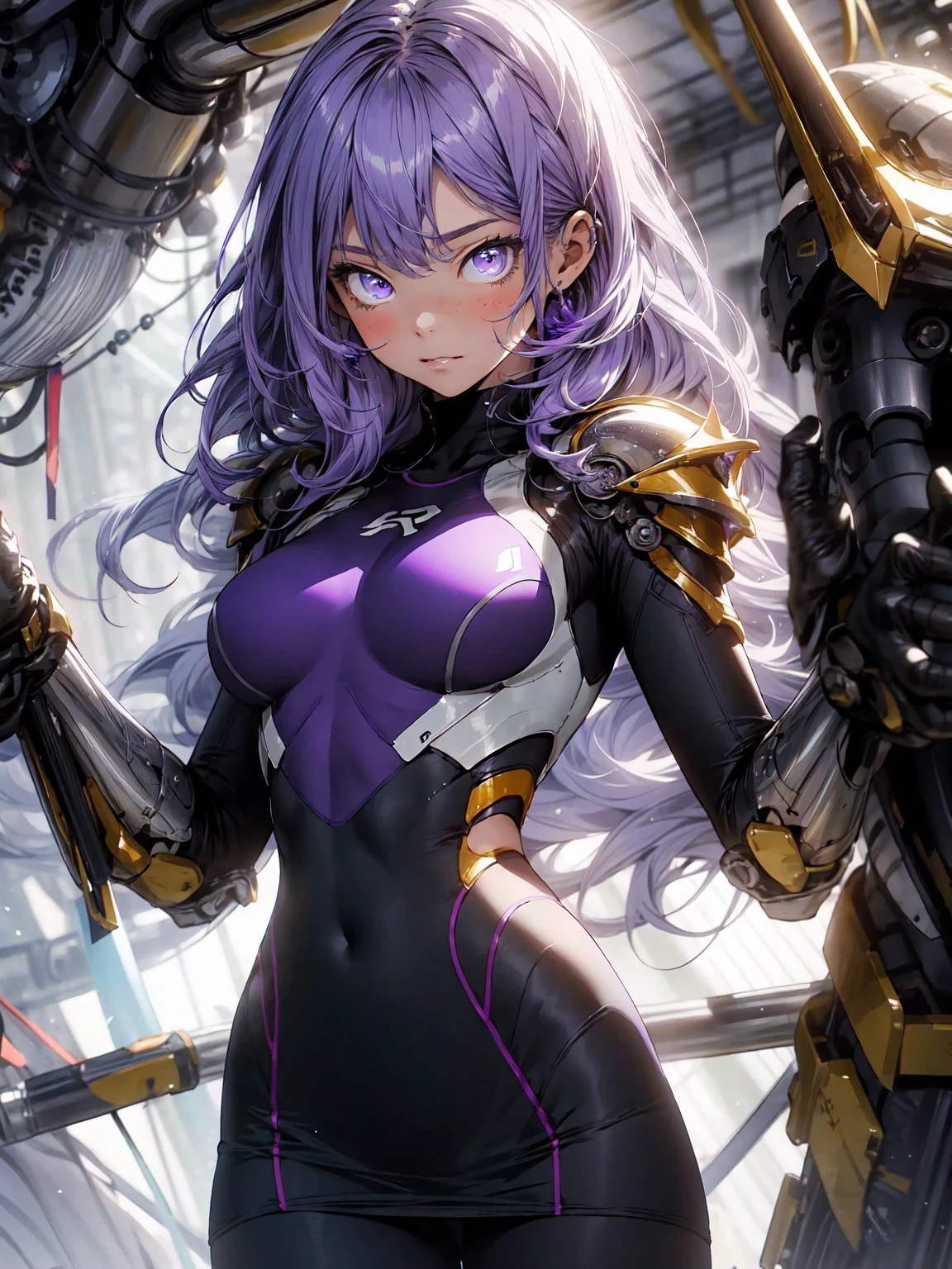 Be realistic,(masterpiece,Highest quality,Highest quality,Very detailed,Fractal Art,Most detailed,(Abstract background:1.5)(1 Girl),Kamimei,(紫色のLong Hair),(puppet, Light purple eyes, Pale skin, Purple Hair, Long Hair, Big Breasts、Toned Abature face、Stunned)、crystallization,Purple competitive swimsuit、Sexy、Purple machine armor、Sunburned skin、(Black pencil skirt)