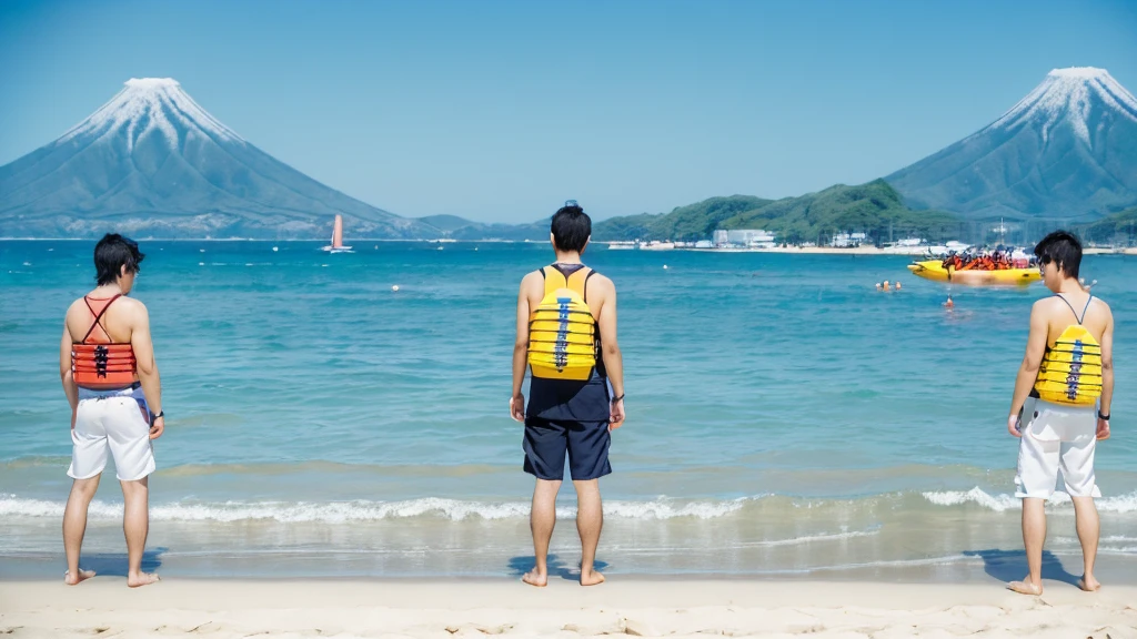 ultra-detailed, Angle from the front, (The view from below:1.4),
Beach, (Four Japanese men facing forward, standing at a distance and facing the viewer:1.6), (Four Smiles:1.4), wearing only swim trunks,
busy, (crowd of men:1.2), beach chairs, beach ball, Beach umbrellas a short distance away, (toy banana boat in the sea:1.3), (Landscape Photography:0.7),