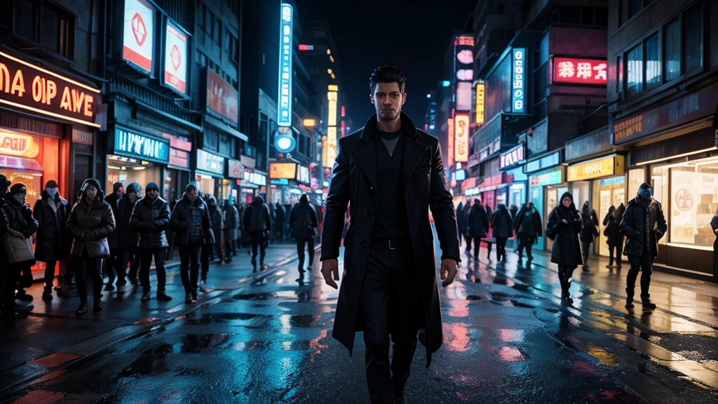 Detective Marcus Ryder, 35, walking through a crowded futuristic street, wearing a synthetic coat, surrounded by neon signs and holographic advertisements