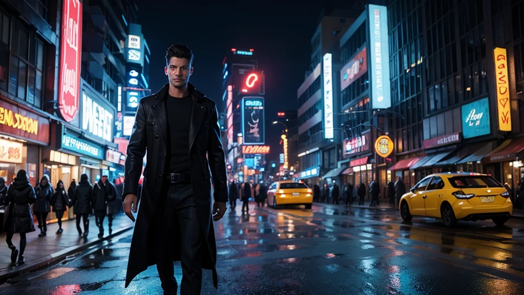 Detective Marcus Ryder, 35, walking through a crowded futuristic street, wearing a synthetic coat, surrounded by neon signs and holographic advertisements