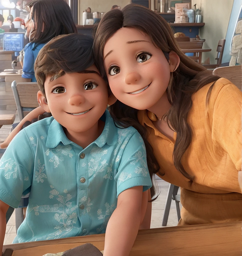 A young boy and a woman are seated at a table, both smiling broadly. The boy is wearing a blue shirt with a floral pattern and dark brown skin color and the woman has an orange top, straight long hair and dark brown skin color. They are mother and son and seem to be enjoying their time together. The mother appears to be 40 years old and the boy 5. In the background, there's a bustling restaurant setting with other patrons and tables.