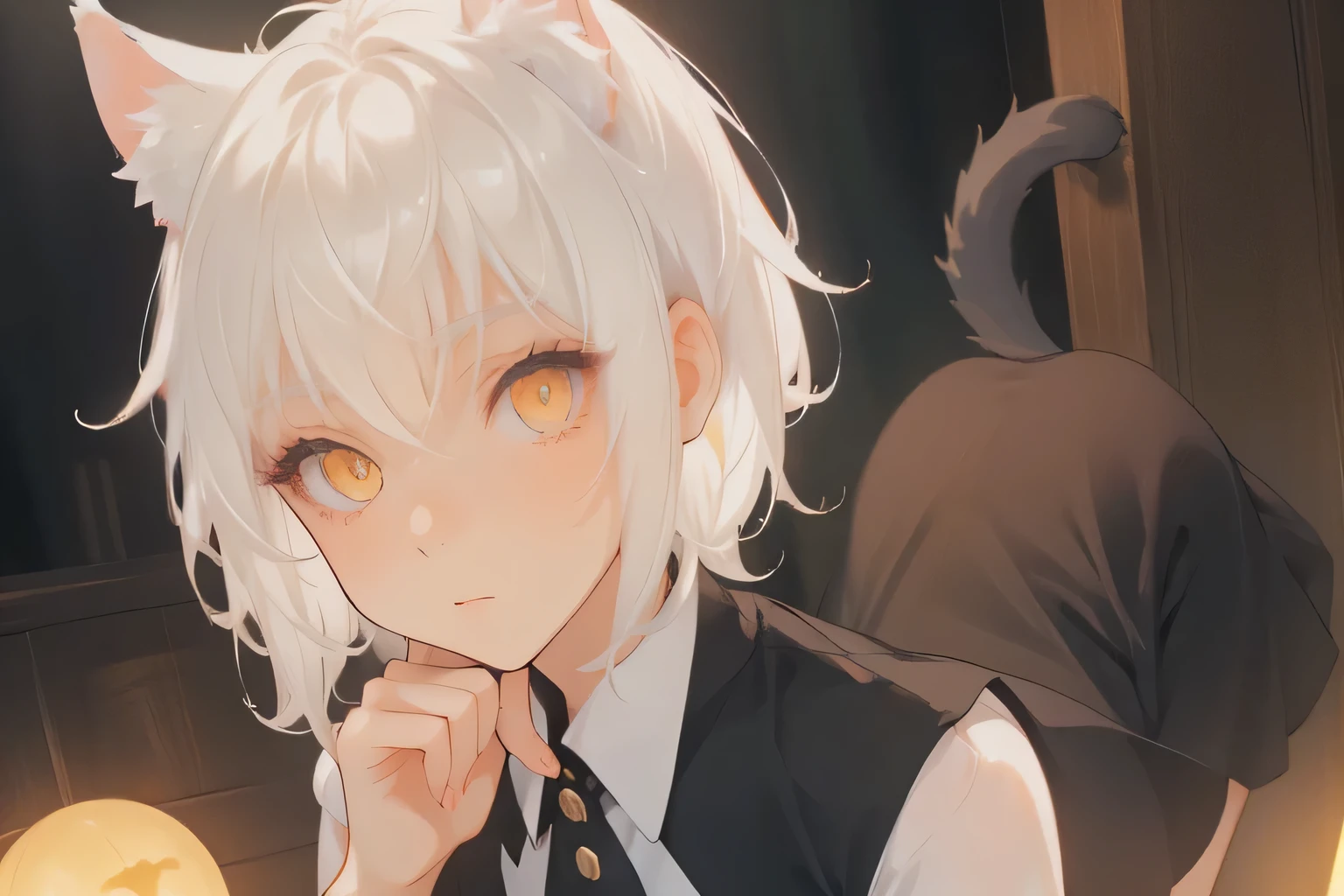 Cat Ears, White Hair, Black Dress, Golden Eyes, Perfect Eyes, perfect face, simple girl, short hair, yellow eyes