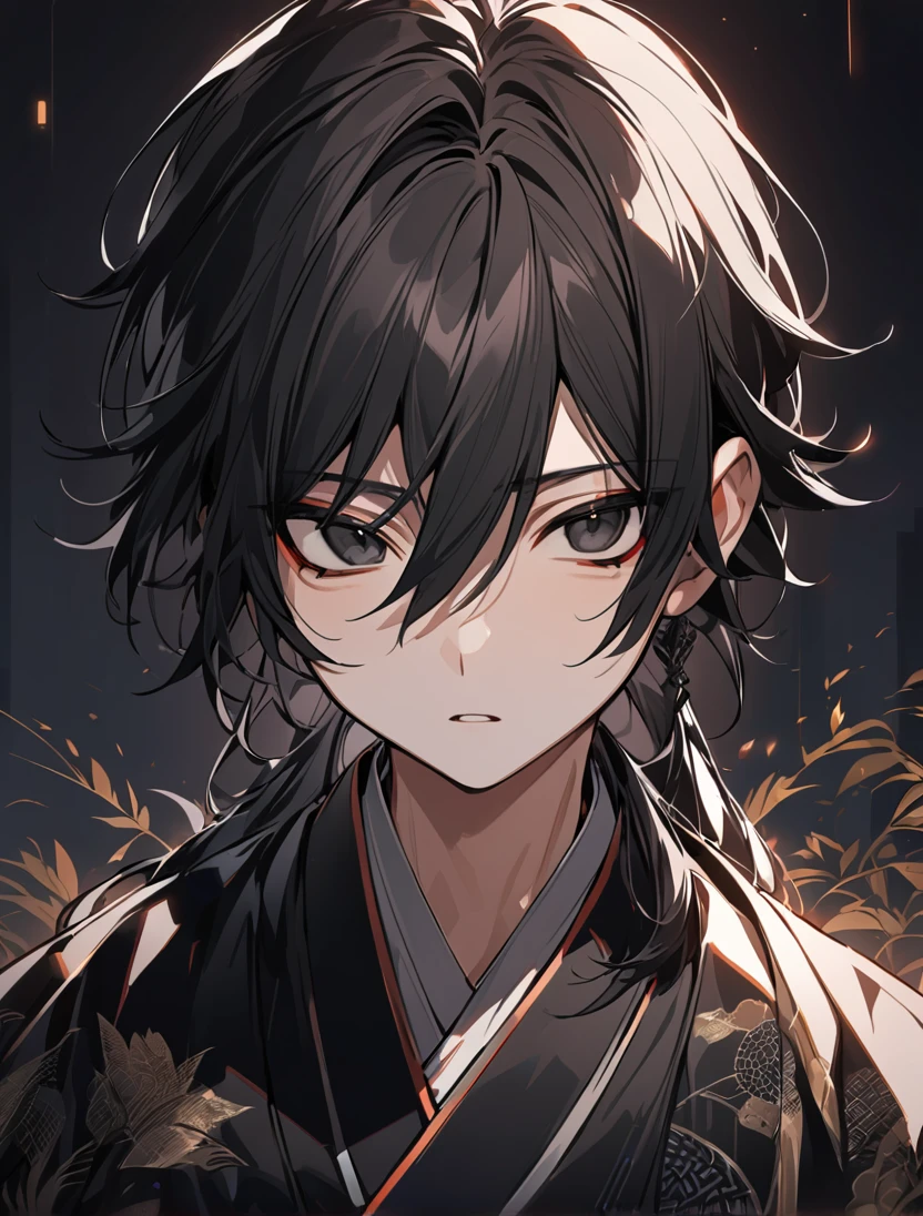 (black_hair), (long_male_hair), (deep_black_eyes), (high_detailed_eyes), (attractive), (emotionless), (male), (wearing _a_Unique_kimono), (long_male_hair), (detailed_Hair), (detailed), (detailed_mouth), (young)
