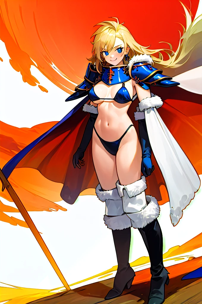 masterpiece, best quality, 1girl, solo, looking at viewer, deladelon, earrings, bikini armor, cape, elbow gloves, pauldrons, thigh boots, fur trim, (big breastsl:1.3), happy, Stand tall, Open arms