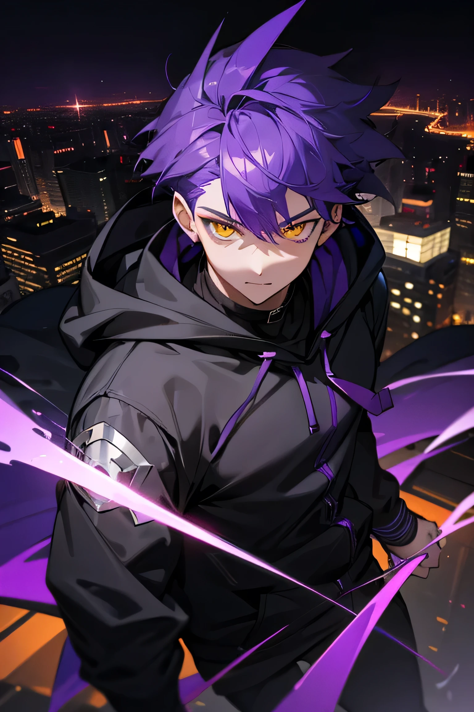 1boy, midnight purple mesh hair, yellow eyes, wearing black purple hoody, city, high res, ultrasharp, 8K, masterpiece