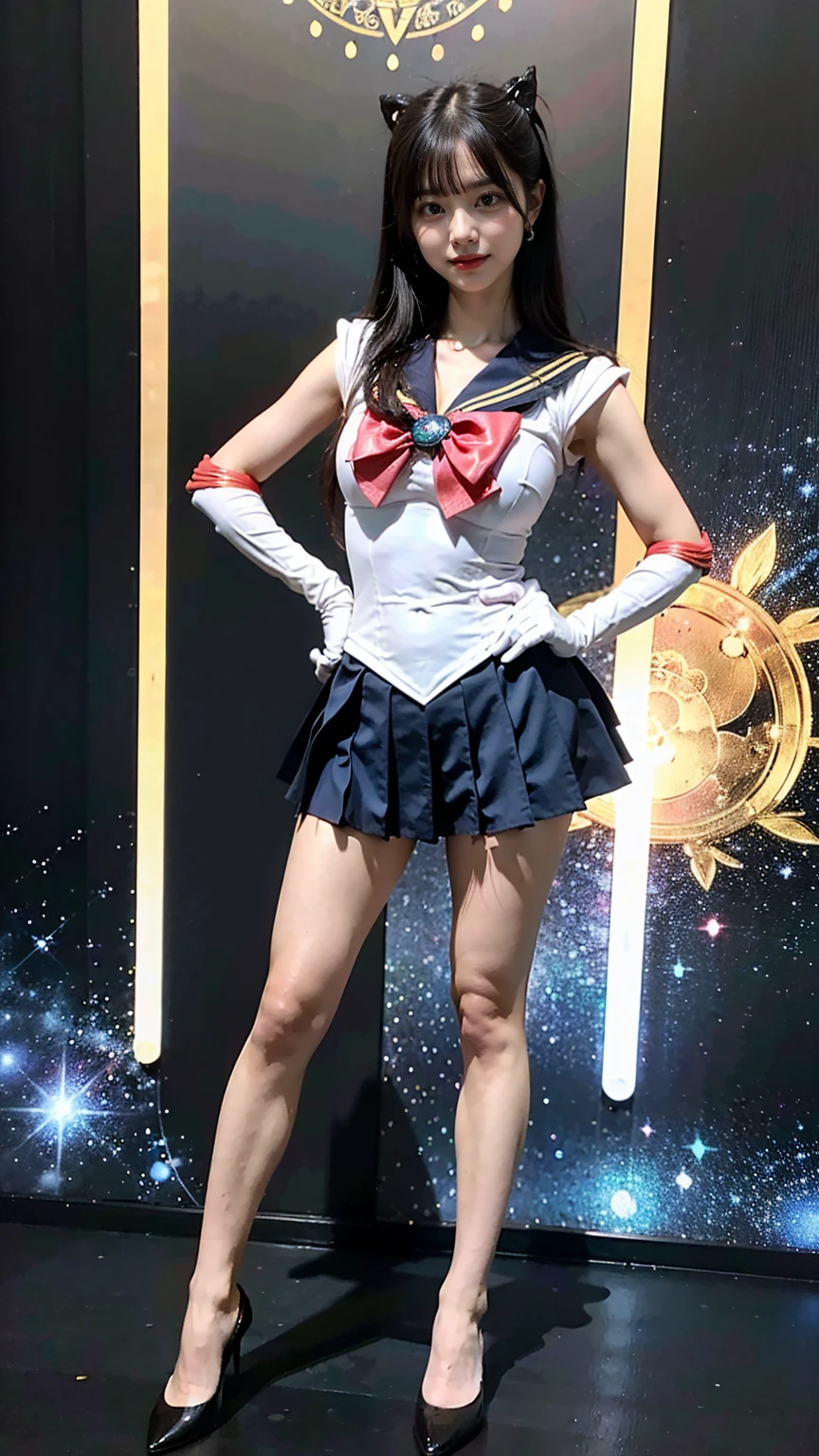 (8K、RAW Photos、Highest quality、masterpiece:1.2)、(Realistic、Realistic)、1 Girl、((Sailor Moon Costume:1.2、Thin legs、whole body、View from the front、smile、Looking into the camera、Stand with hands on hips))、cute