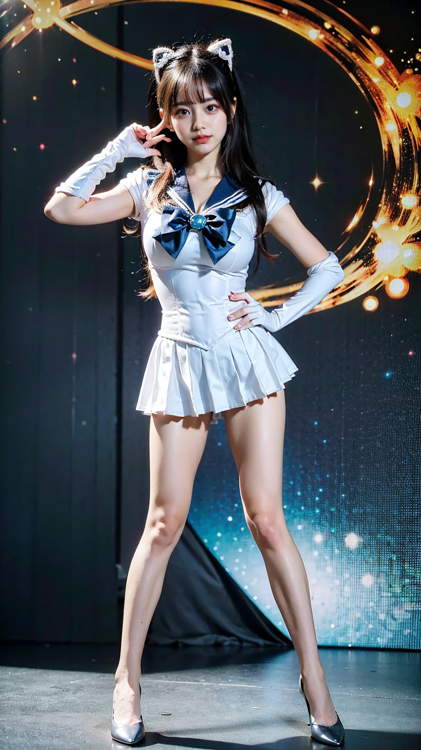 (8K、RAW Photos、Highest quality、masterpiece:1.2)、(Realistic、Realistic)、1 Girl、((Sailor Moon Costume:1.2、Thin legs、whole body、View from the front、smile、Looking into the camera、Stand with hands on hips))、cute