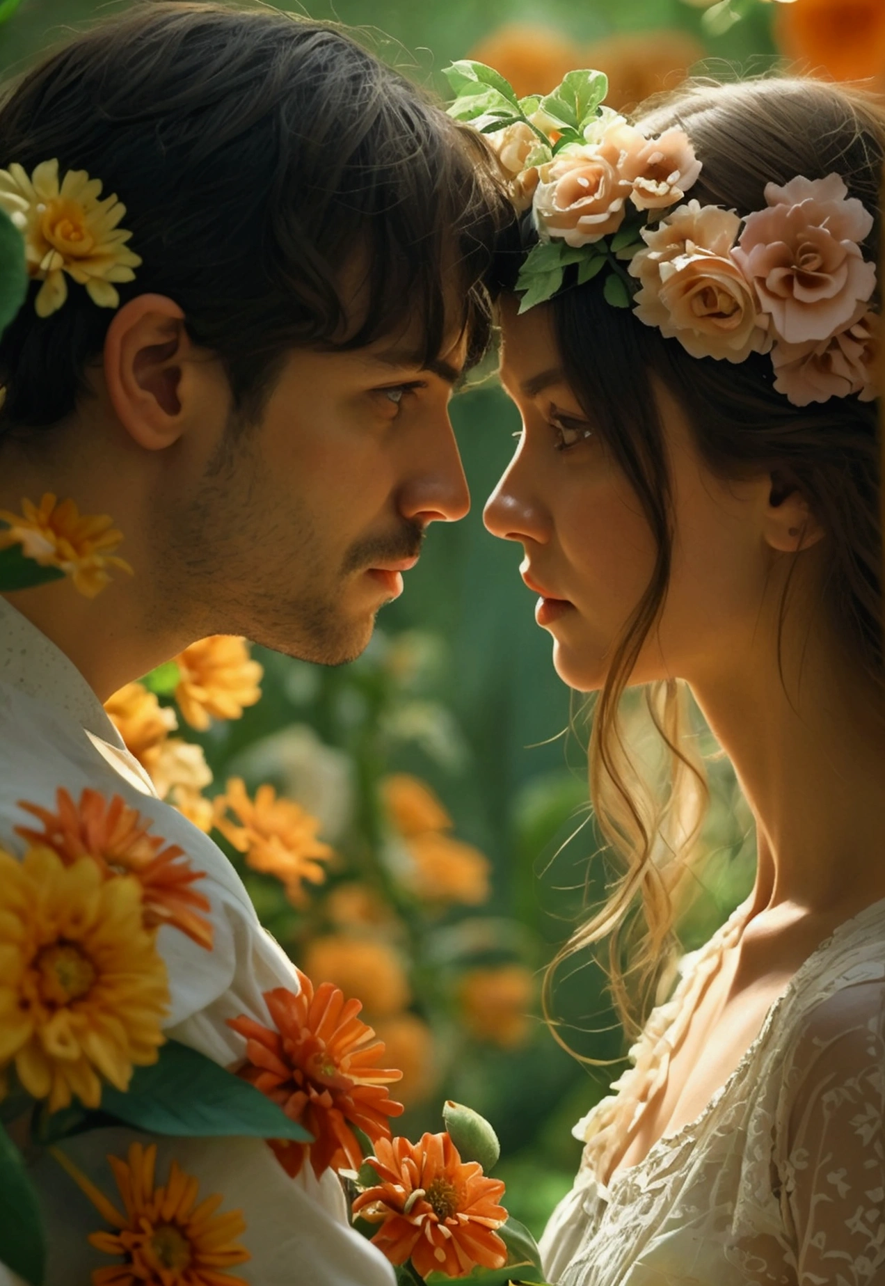 A captivating image of a man and a woman locked in each other's gaze, both displaying fear and surprise in their eyes. Their eyes are wide with shock, and they seem to be in a beautiful garden filled with lush greenery and colorful flowers. The atmosphere is tense, yet there's an undeniable charm to the setting. The couple's expressions convey a mix of tension, curiosity, and unease, making the viewer eager to uncover the story behind their frightened gaze.