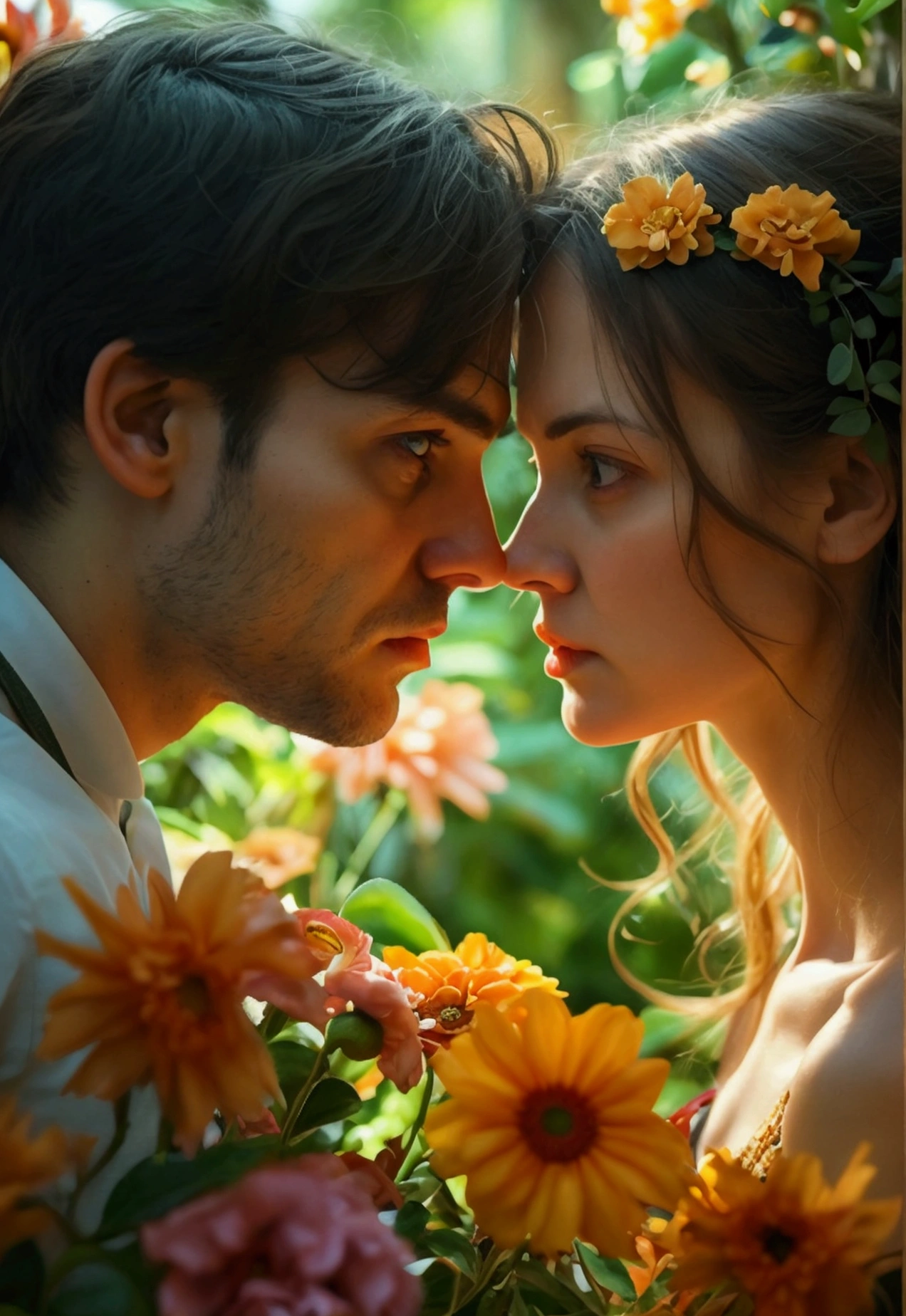 A captivating image of a man and a woman locked in each other's gaze, both displaying fear and surprise in their eyes. Their eyes are wide with shock, and they seem to be in a beautiful garden filled with lush greenery and colorful flowers. The atmosphere is tense, yet there's an undeniable charm to the setting. The couple's expressions convey a mix of tension, curiosity, and unease, making the viewer eager to uncover the story behind their frightened gaze.