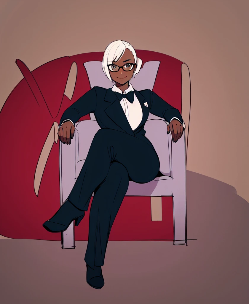 sketch of woman character artist in formal clothes and glasses, Sitting, cross-legged, sofa, wearing a white shirt and black tie, 1girl, dark skin, solo, gloves, dark-skinned female, white hair, pants, short hair, shirt, black gloves, bow, black pants, glasses, breasts, bowtie, smile, white shirt, looking at viewer, long sleeves, full body, ((Leg Crossing ))