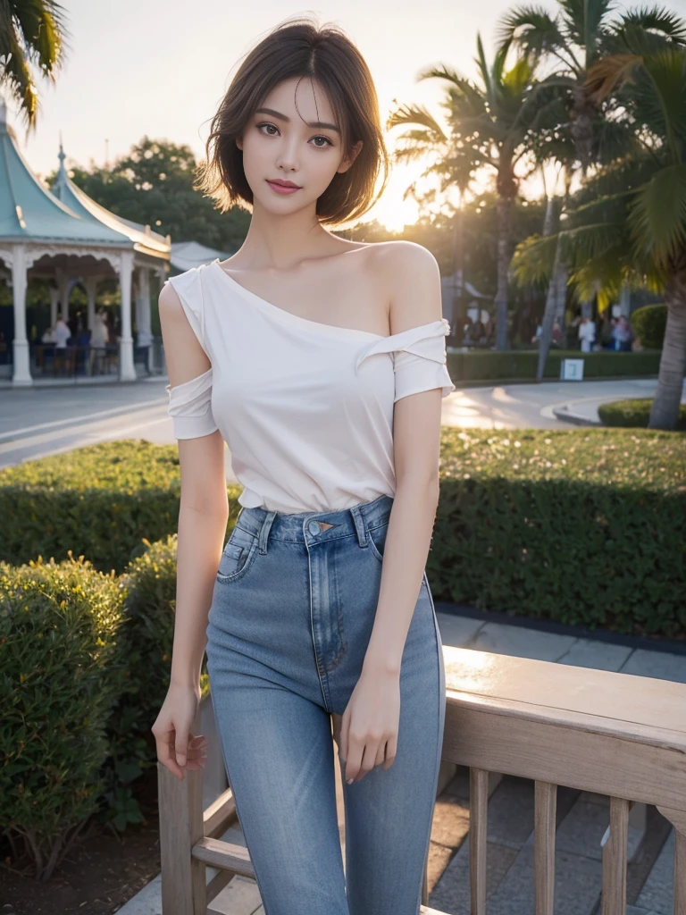 (photorealistic:1.4), (Best image quality:1.0), (Super high resolution A:1.0), 8 thousand, raw photo, (masterpiece:0.2), (pure eros face_V1:0.5)、(best quality Detail:1.2)、realistic、8 thousand UHD、highest resolution、(1 girl:1.2)、very detailed、High-quality textures、delicate details、The Details、very detailed CG、high quality shadows、Detail : beautiful and delicate face、Detail : beautiful delicate eyes、depth of field、ray tracing,1 girl, beautiful skin, facing the front, sky porn, Magic hour, (realistic:1.3), in detail, (realistic:1.1), (best quality), (intricate details), (Bright hair), (very small face), (Very short and light hair), (beautiful smile), sexy legs, slim waist, chapped lips, (She enjoys the theme park), (Sexy jeans:1.3), (oven shoulder shirt:1.3),