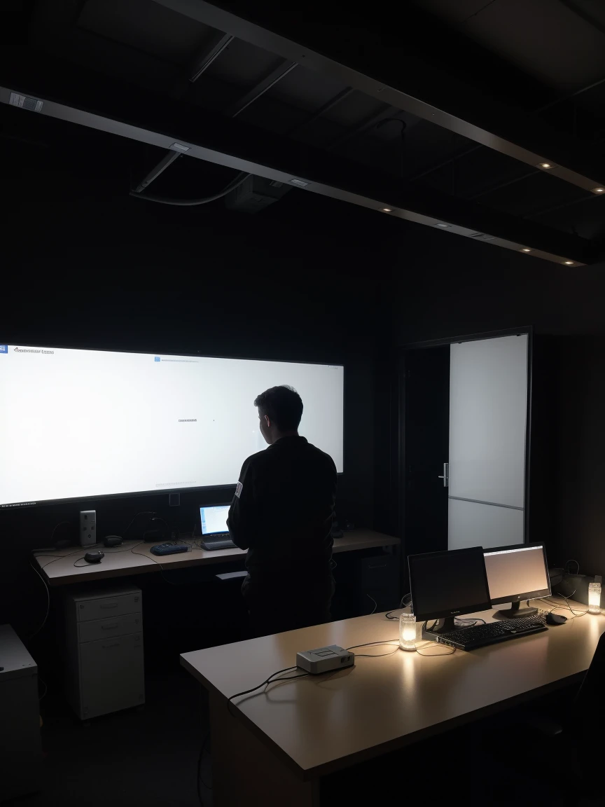 a large server like those from Google with several interconnecting cables and LEDs indicating that they are working in a dark office with low lighting and from the perspective of an amateur photographer taking the environment from his cell phone, monitors monitoring the hackers' server