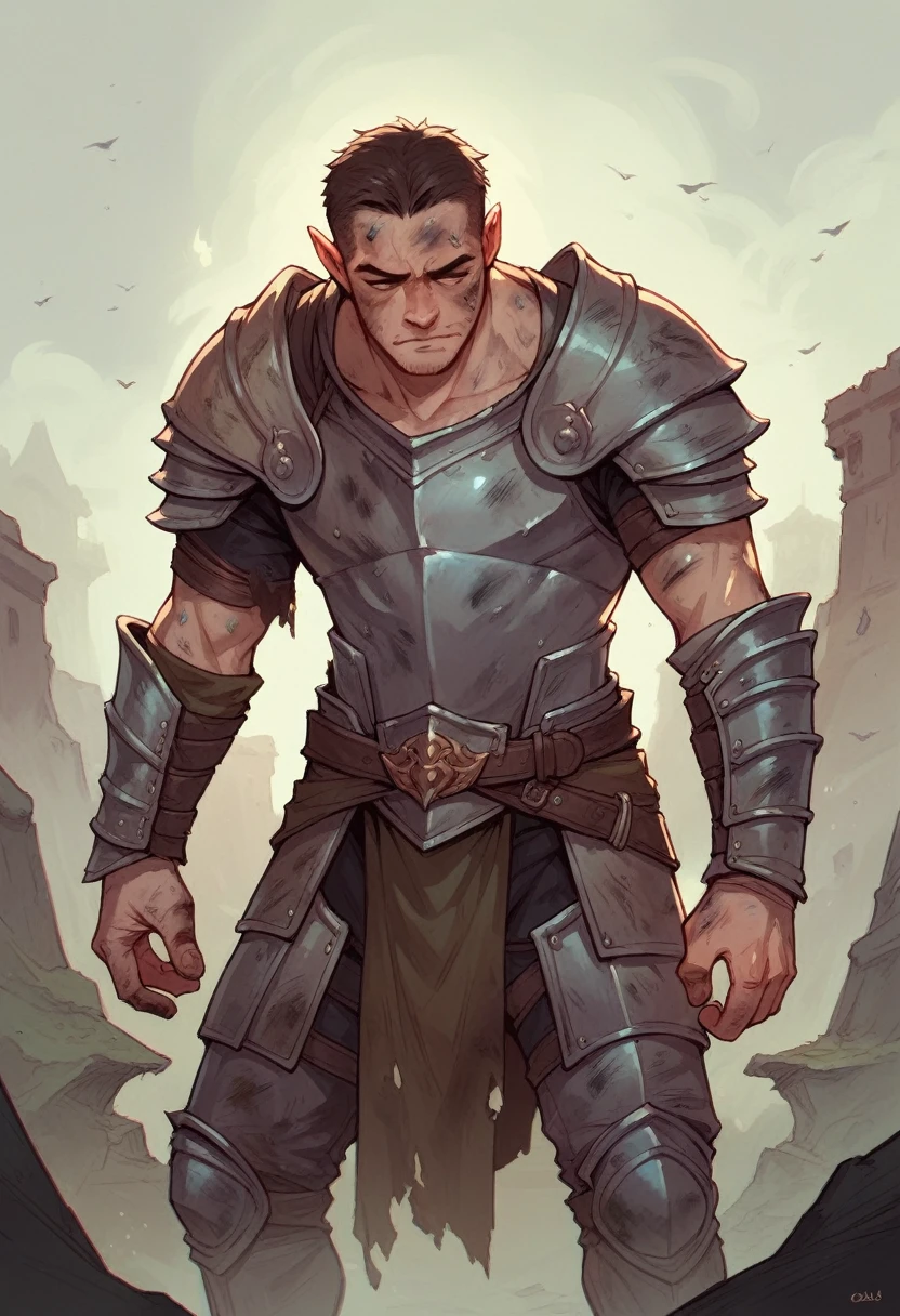 1 man, dnd, fantasy, epic,armor,human,dirty, weary