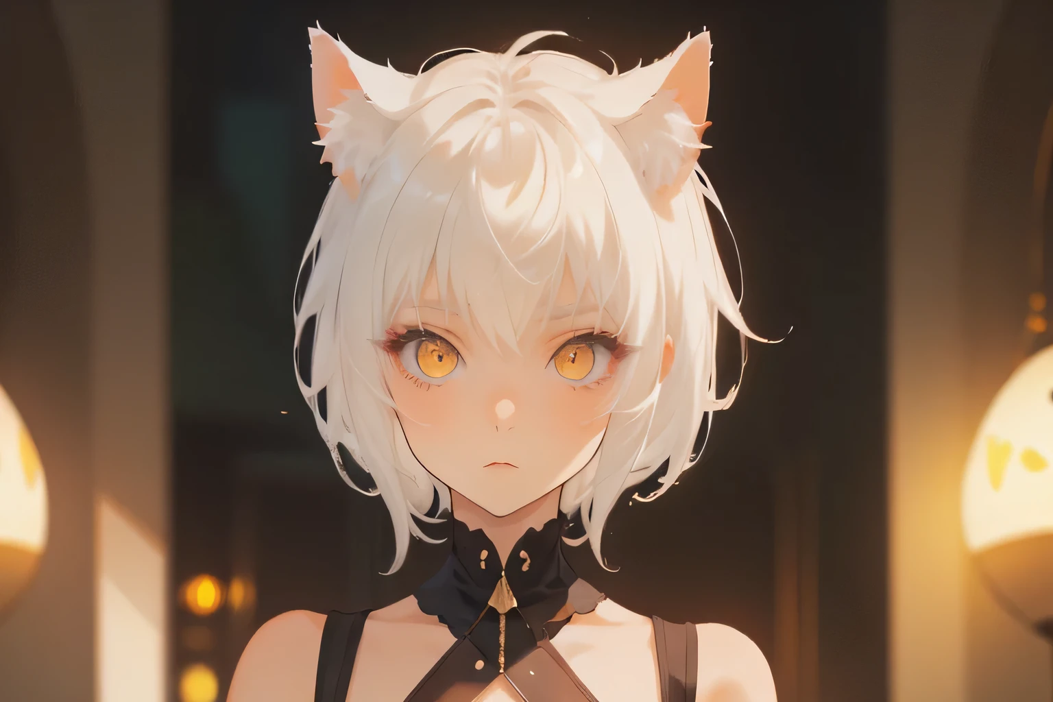 Cat Ears, White Hair, Black Dress, Golden Eyes, Perfect Eyes, perfect face, simple girl, short hair, yellow eyes
